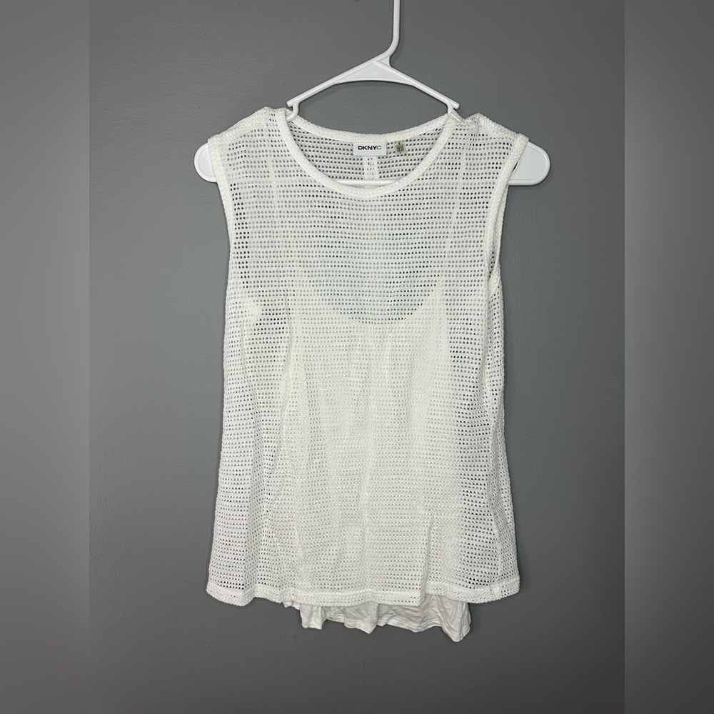 DKNYC Women’s White Mesh Sleeveless Top with built in tank top